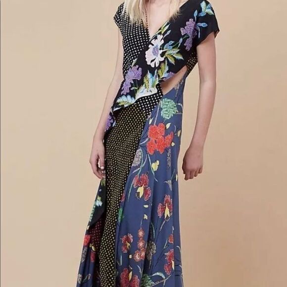 Diane von Furstenberg Draped Floral & Dot Silk Maxi Patch Dress - Picture 4 of 7